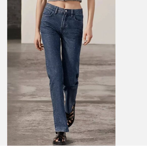 NWT $109 Zara ZW  Bootcut High Waist Rhinestone Sparkly Jeans Blue 2449/252 SZ-4 - Picture 1 of 10